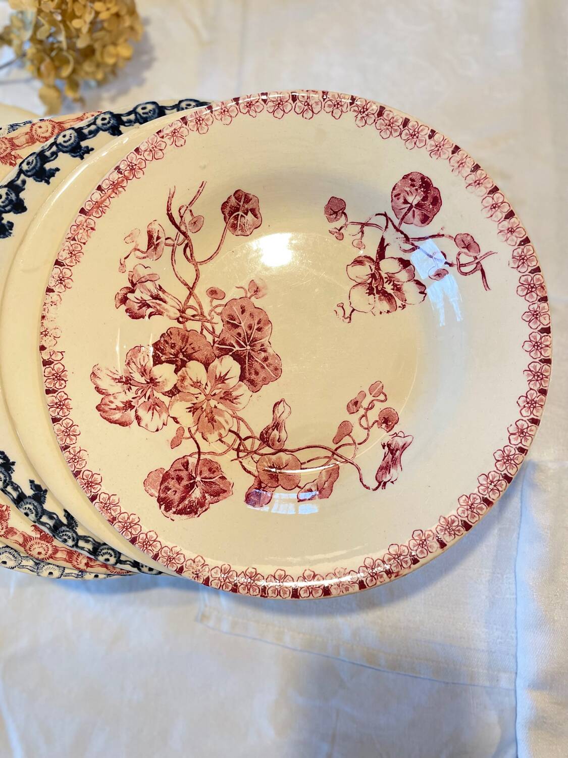 6 Mismatched Terre de Fer Hollow Plates Gien Late 19th Early 20th