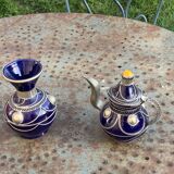 Vase and small teapot in cobalt blue enameled ceramic with artisanal and oriental pewter inserts