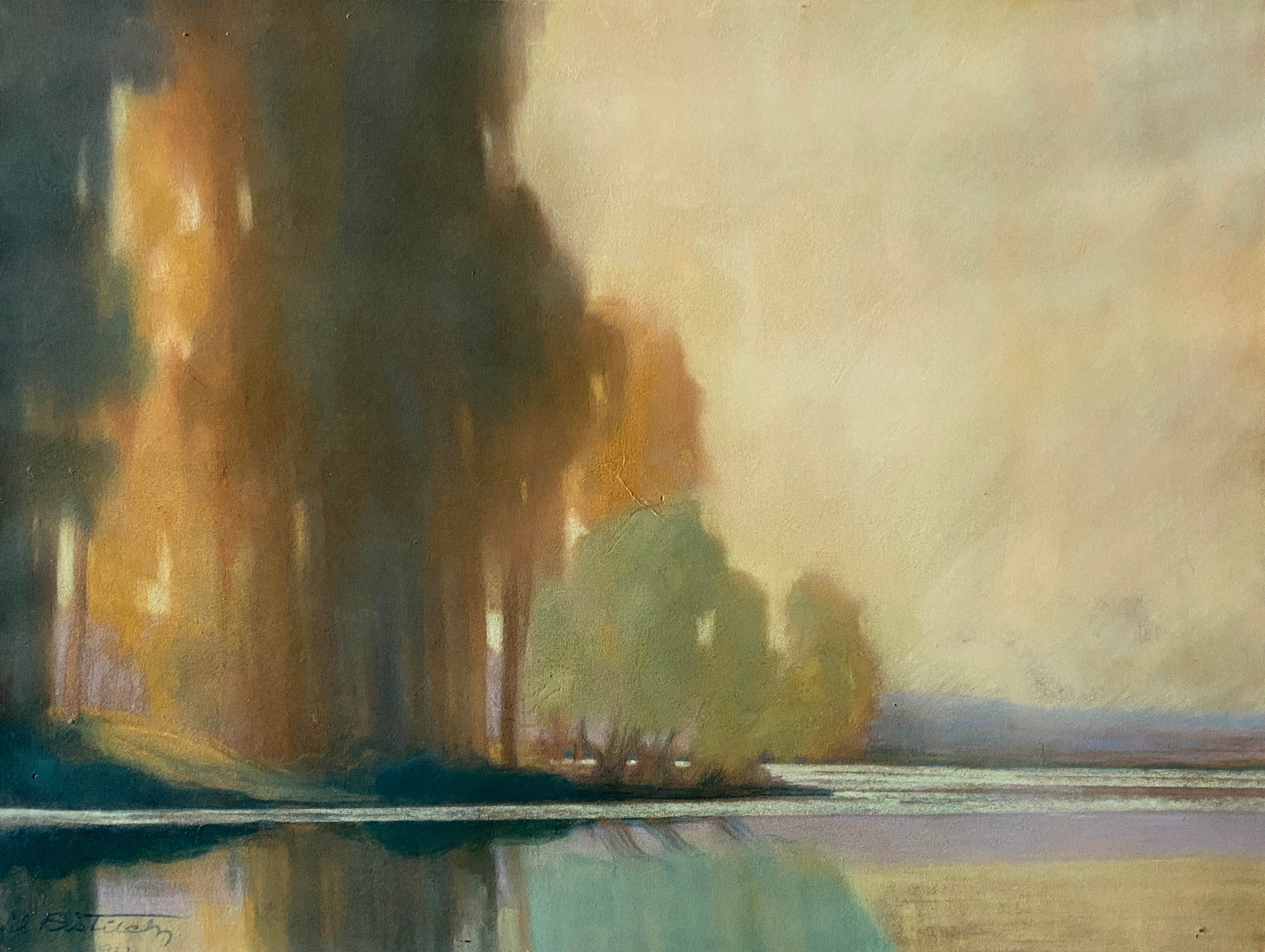 ableau Grand pastel 1922 signed Landscape of pond signed