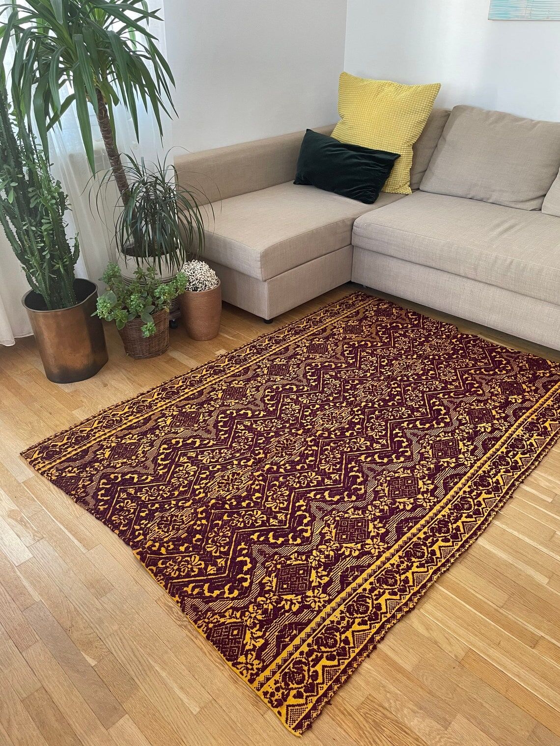 Vintage Romanian carpet design brown purple on yellow background 185x130cm