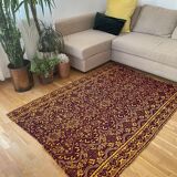 Tapis vintage roumain design marron violet sur fond jaune 185x130cm