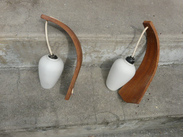 Pair of vintage Philips wood and opaline wall lamps