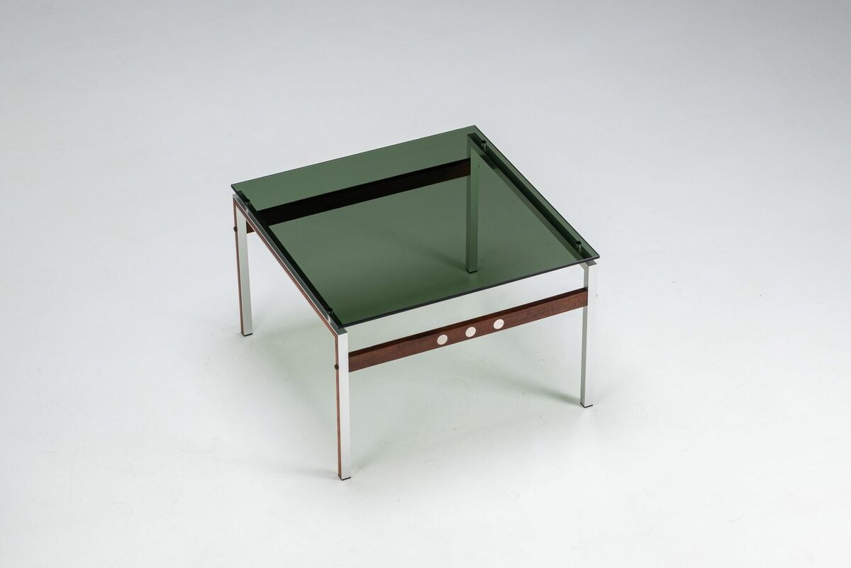 Scandinavian coffee table in metal, teak and smoked glass Denmark 1960