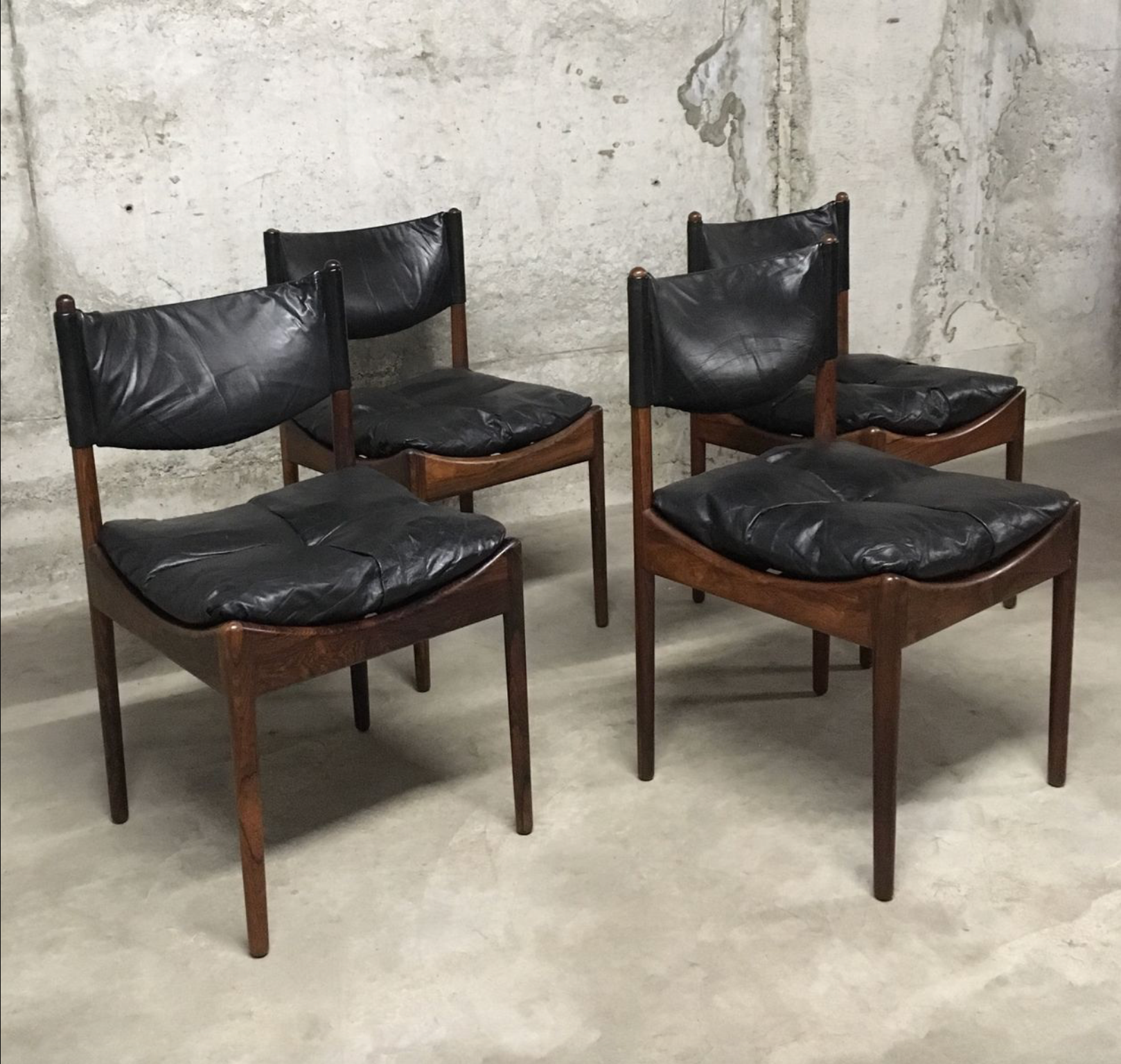 Set of 4 Rio palisander & black leather chairs, Modus model, by Kristian Vedel for Soren Willadsen