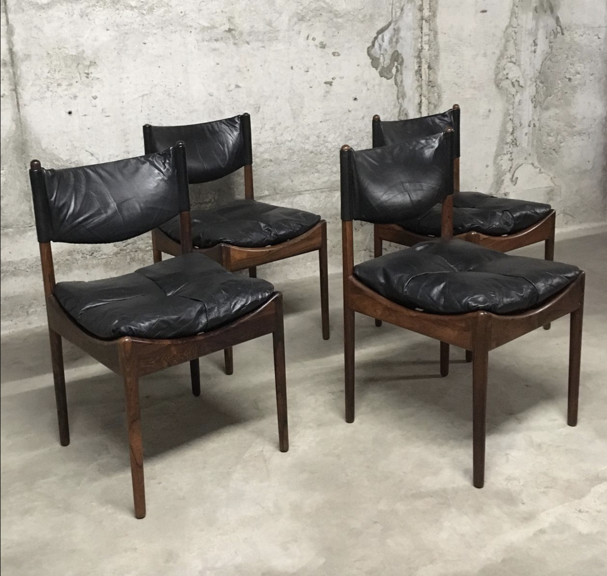 Set of 4 Rio palisander & black leather chairs, Modus model, by Kristian Vedel for Soren Willadsen