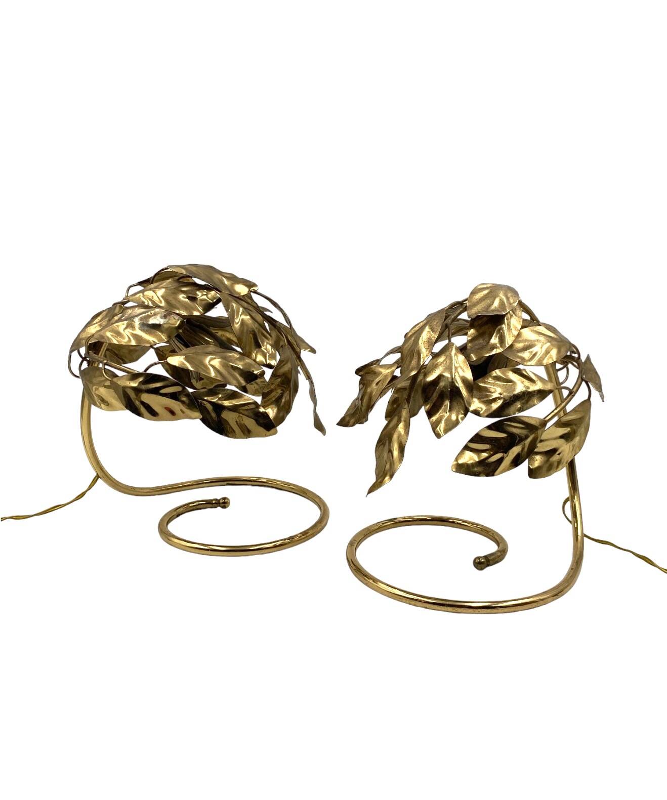 Hollywood regency set of 2 brass leaves table lamps, Bottega Gadda Italy, 1970s