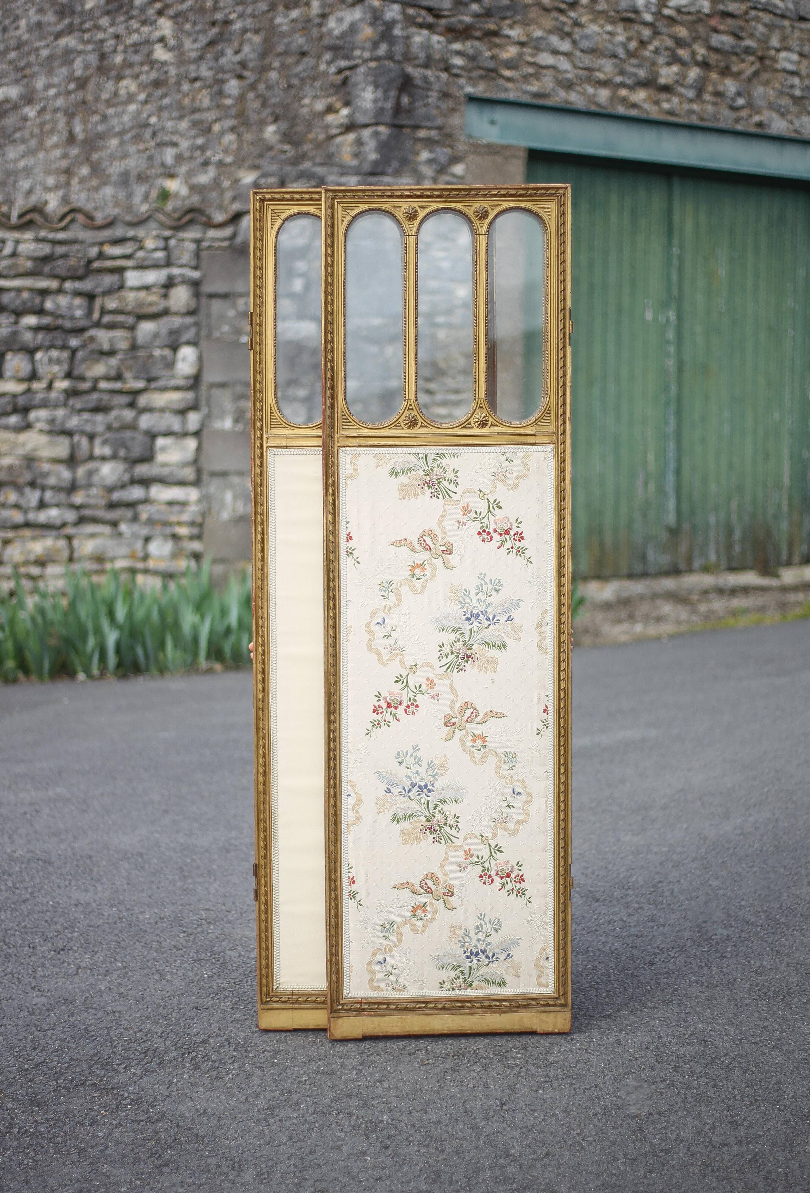 Vintage screen, old 3-panel screen, molded wood and fabric screen