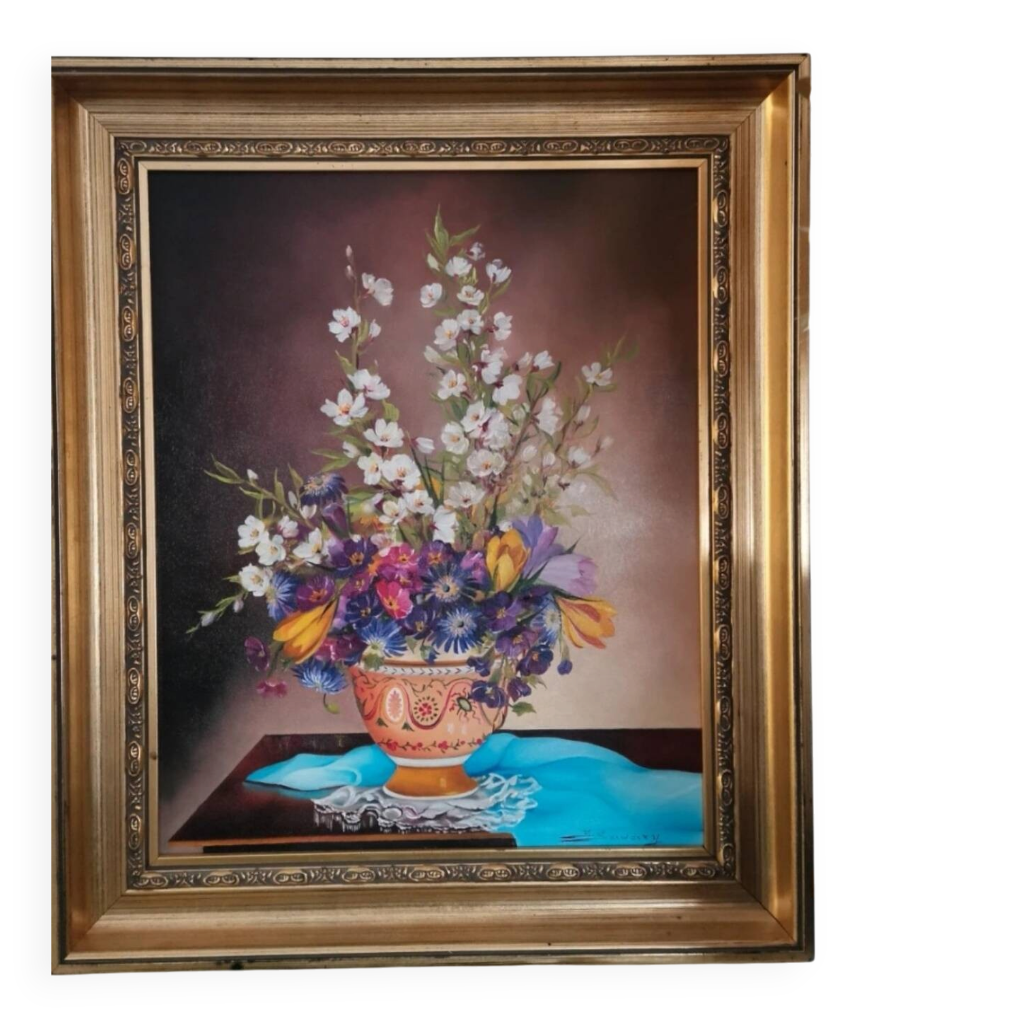 Old painting oil on canvas signed Suzanne Savary – Still life flo