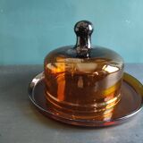 Plat à fromage vintage en verre ambré français