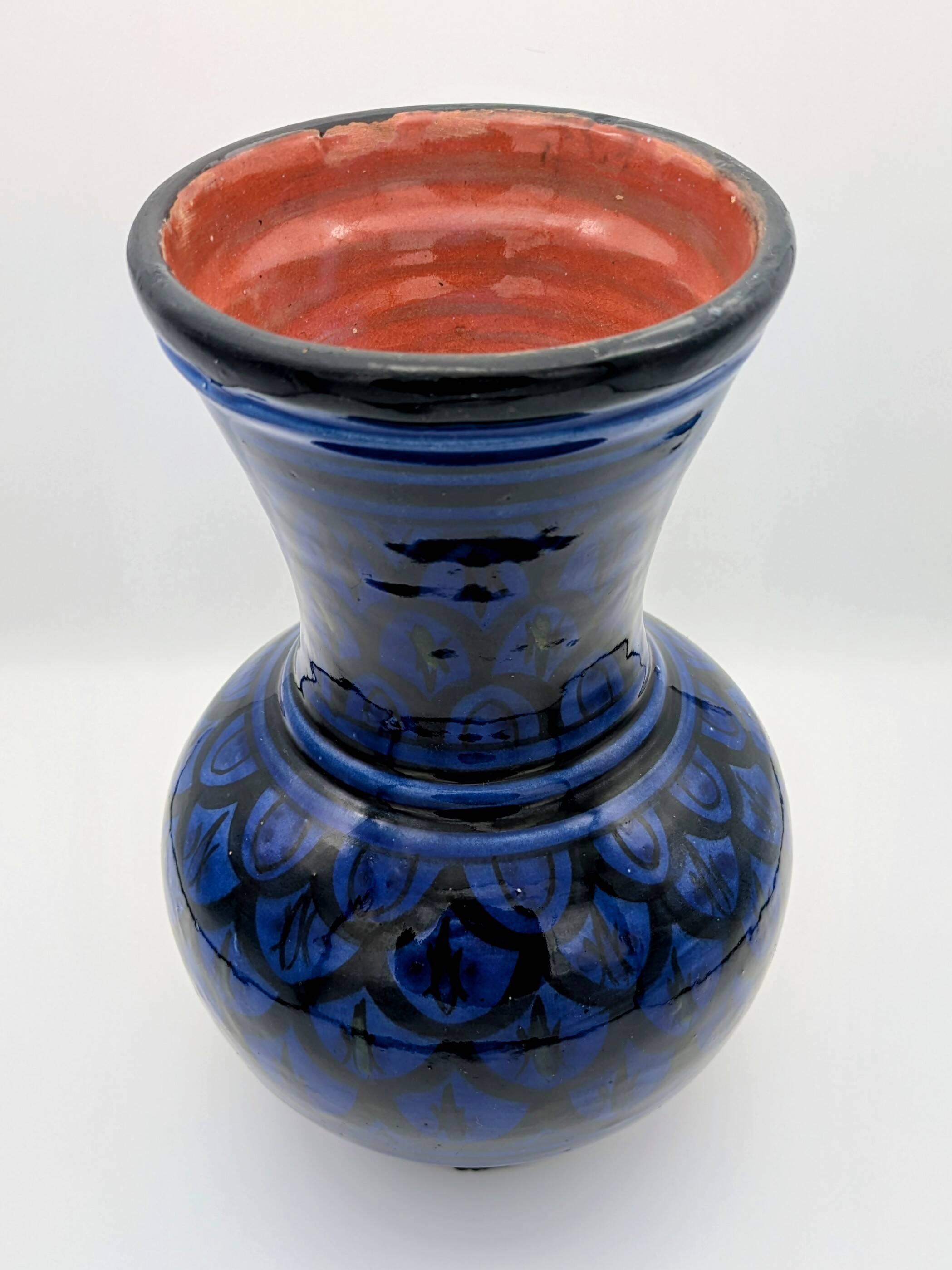 Large Baluster Vase in Safi Ceramic - Blue Black Geometric Design - Morocco