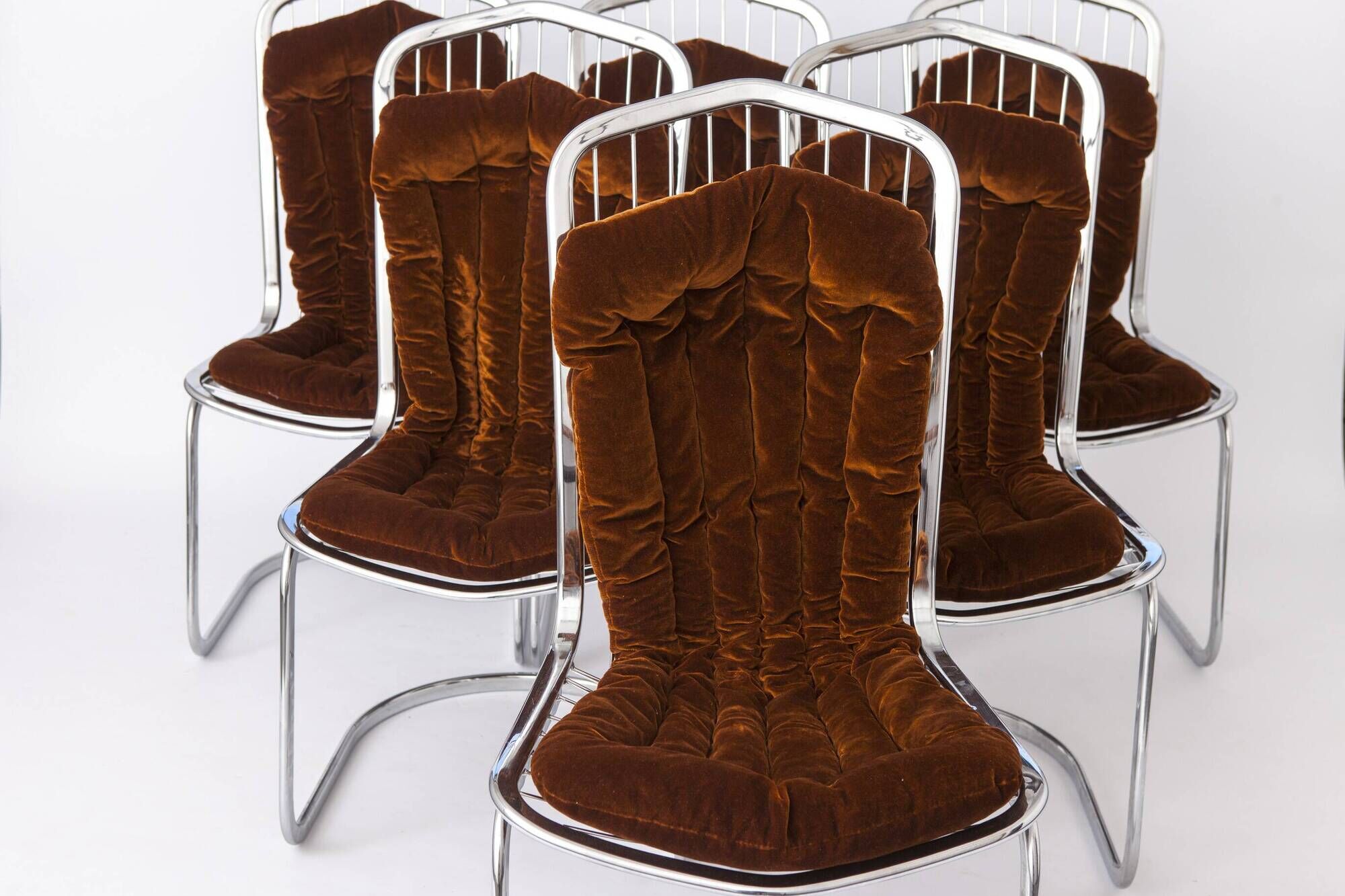 Set of 6 Italian Chrome Cantilever Dining Chairs, Gastone Rinaldi, 1970s