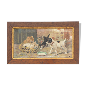 Huile sur panneau Chats et chien