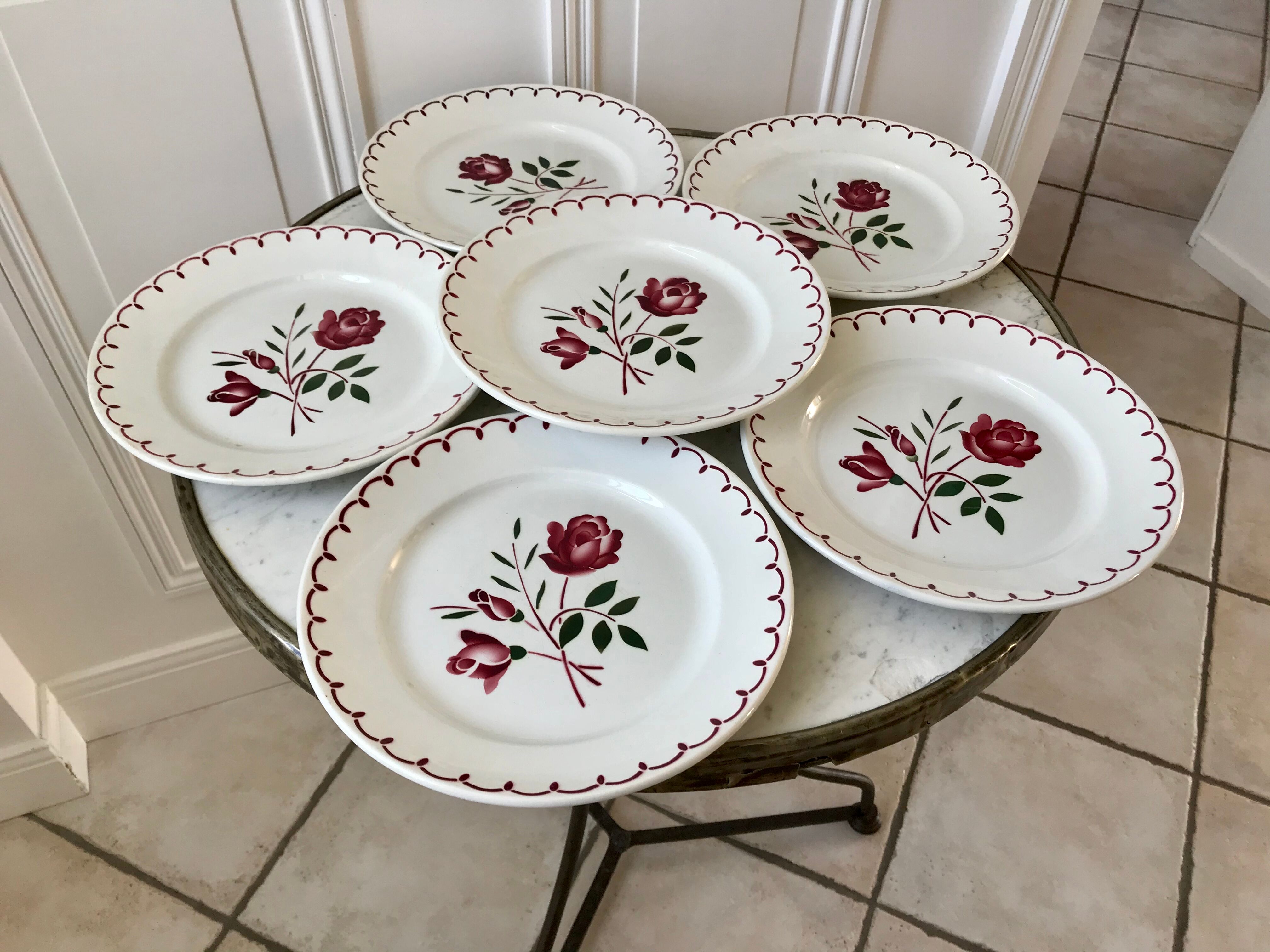 Set of 6 flat flower plates Badonviller 30s