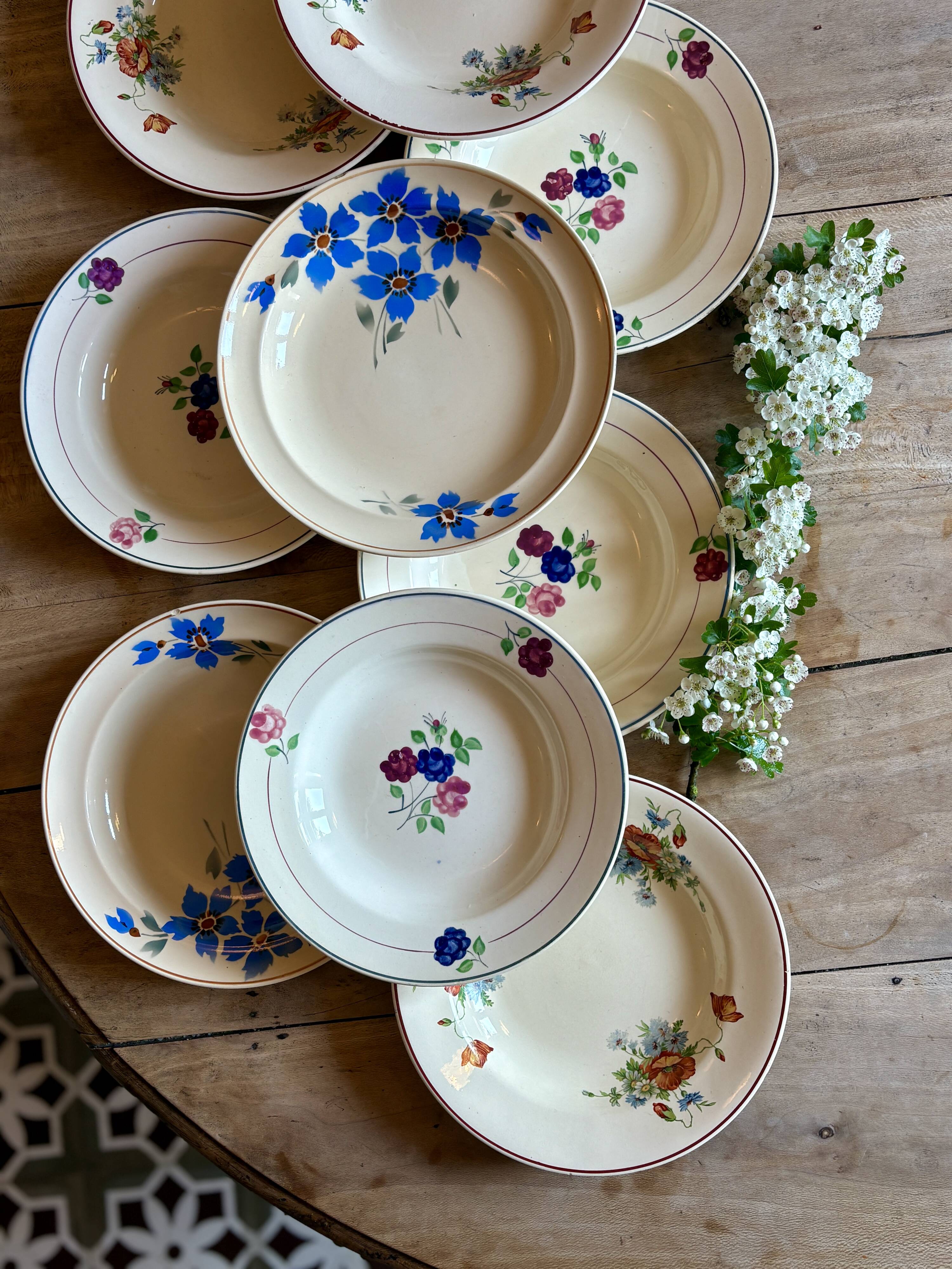 Set of 10 mismatched vintage soup plates