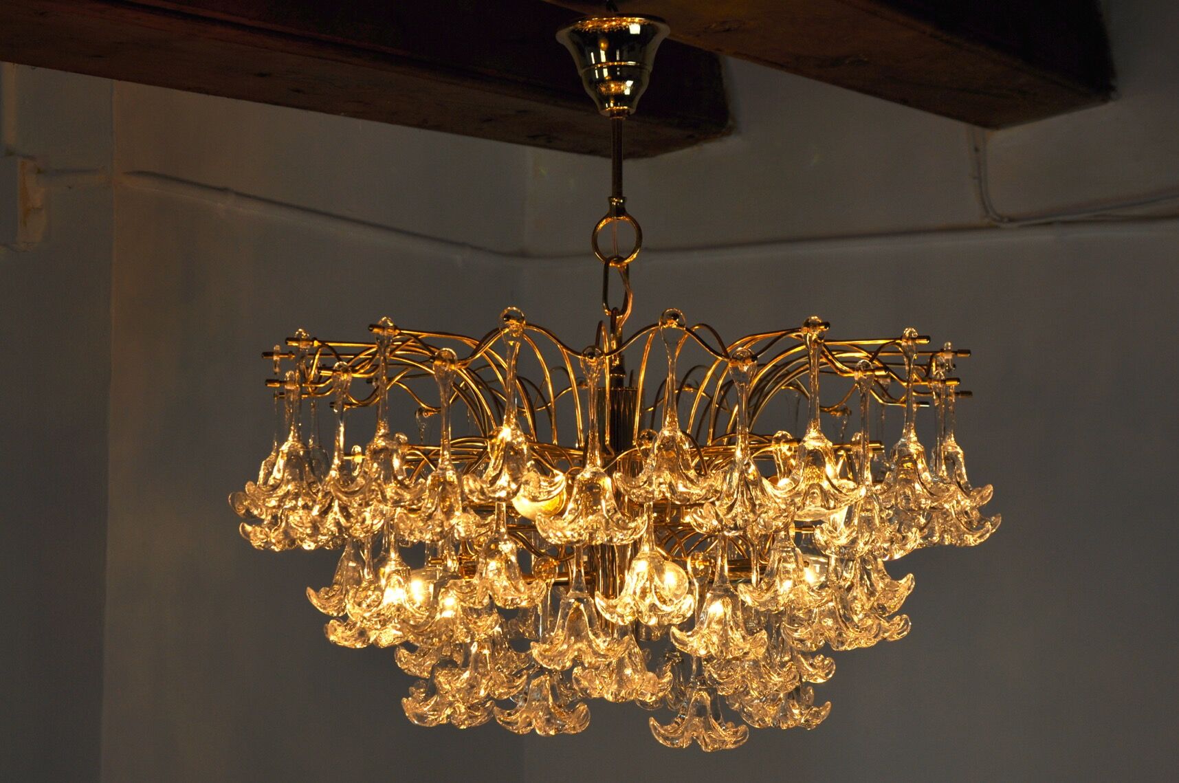 Lustre, 3 levels, crystal flowers, Italy 1970