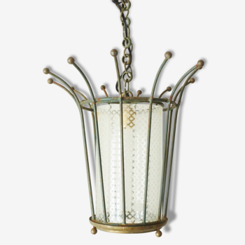 Lanterne lampe lustre en laiton & verre imitation tôle perforée 1950 vintage 50's rockabilly