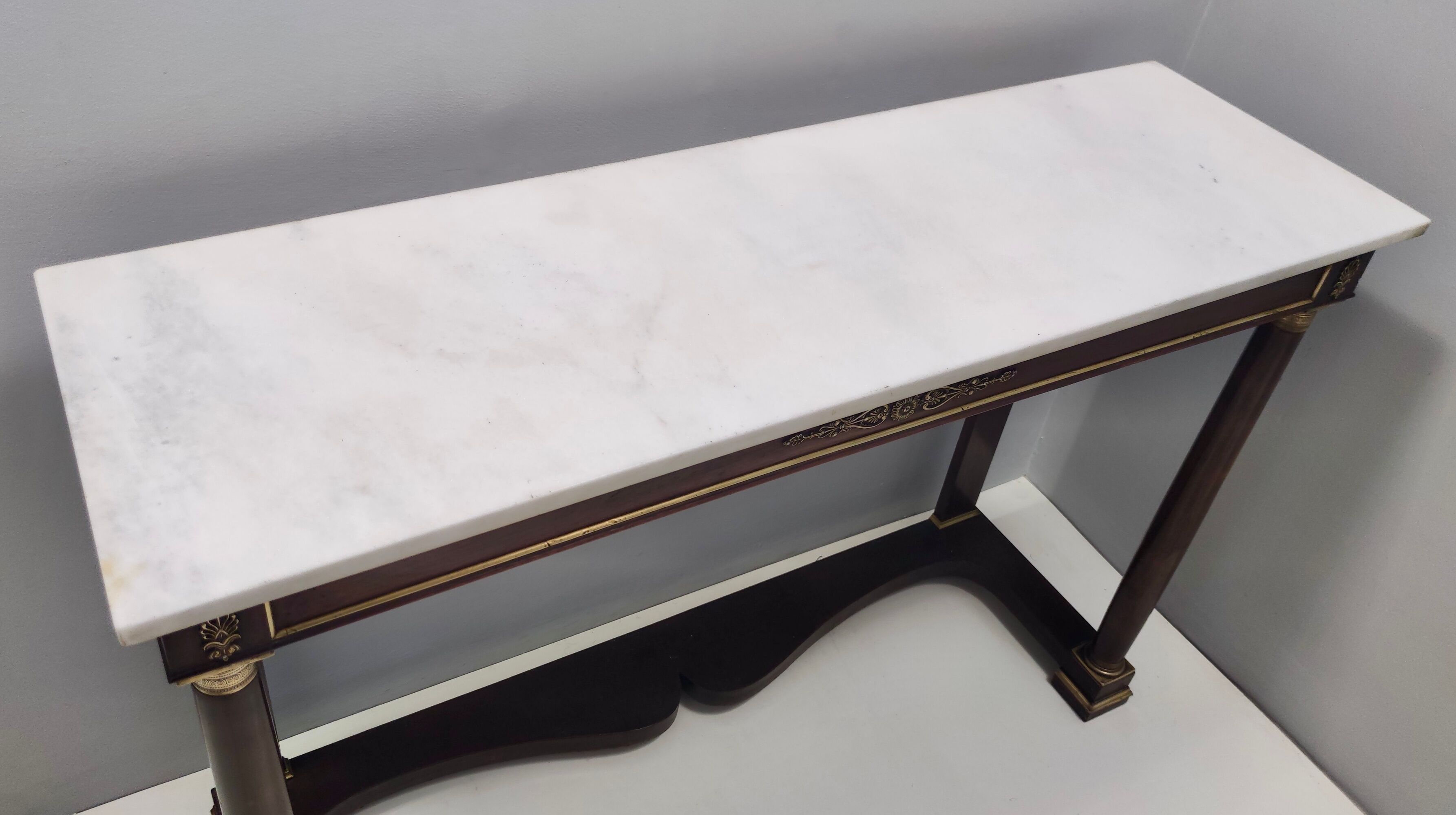 Neoclassical Style Walnut Console with a Rectangular Carrara Marble Top, Italy