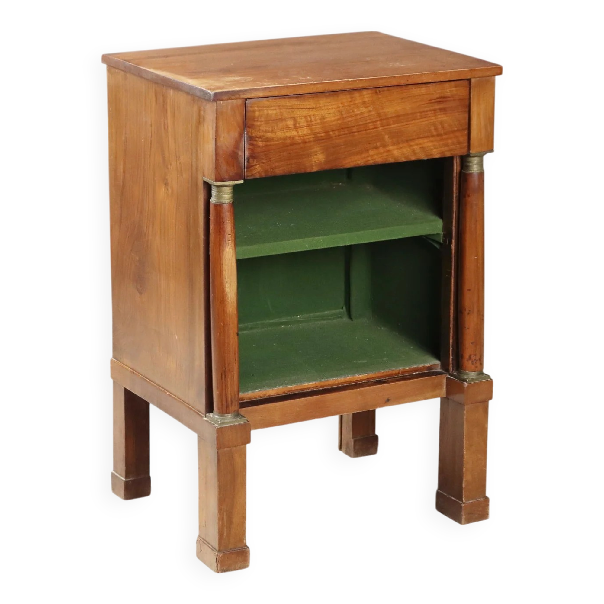 Antique bedside table in poplar with walnut veneer, 19th century.