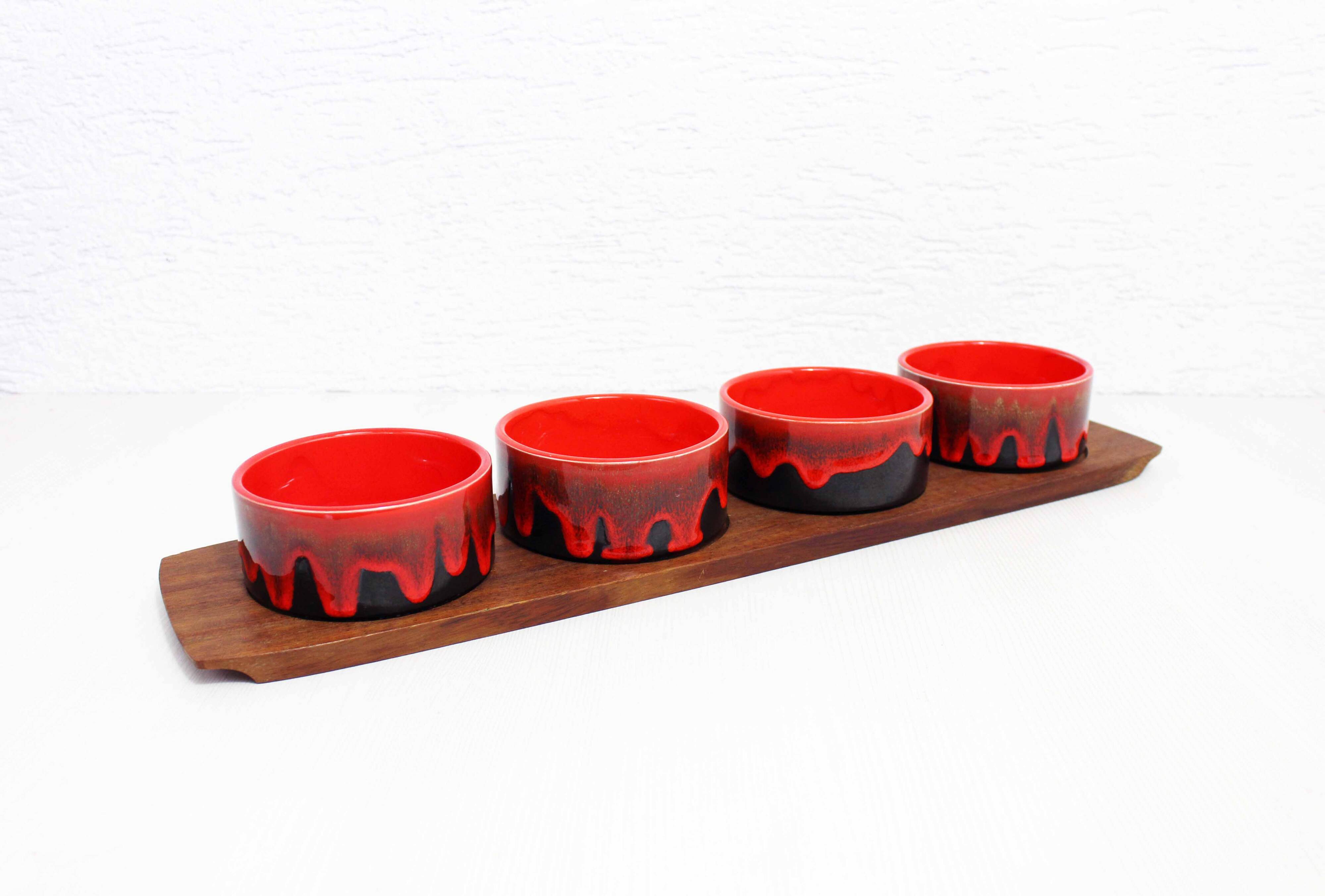 Scandinavian teak tray with 4 ceramic ramekins 1960