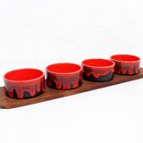 Scandinavian teak tray with 4 ceramic ramekins 1960