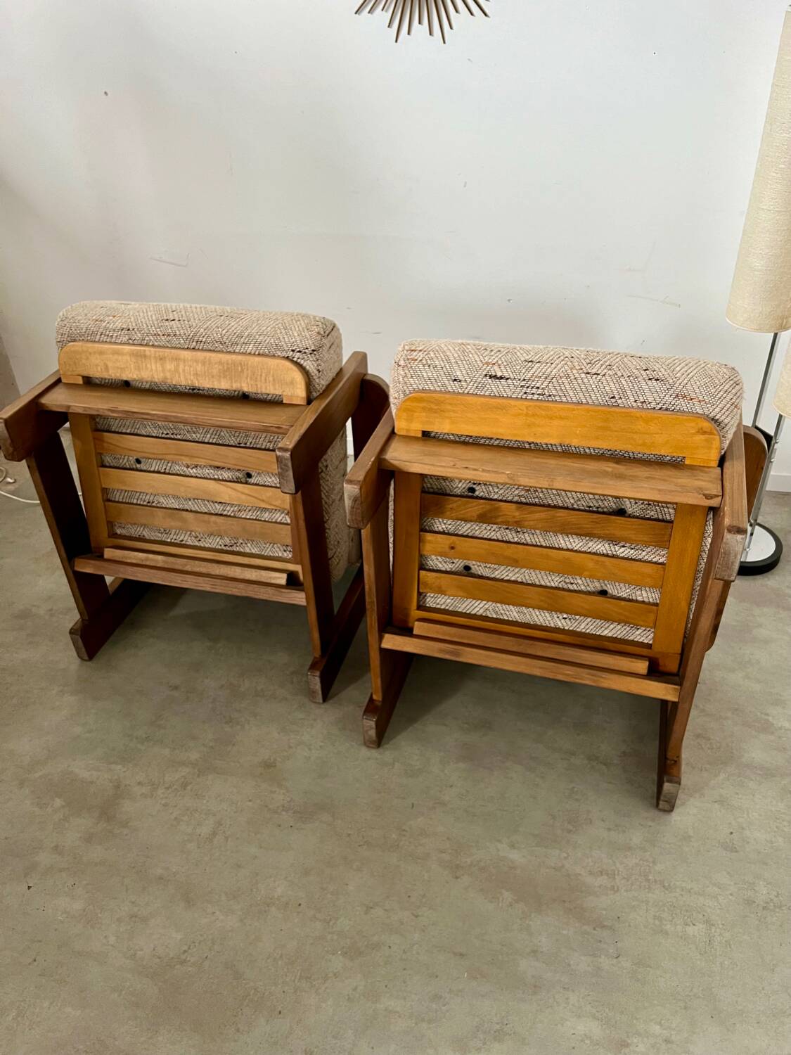 Lot of 2 solid elm armchairs, Maison Regain design, 70s vintage