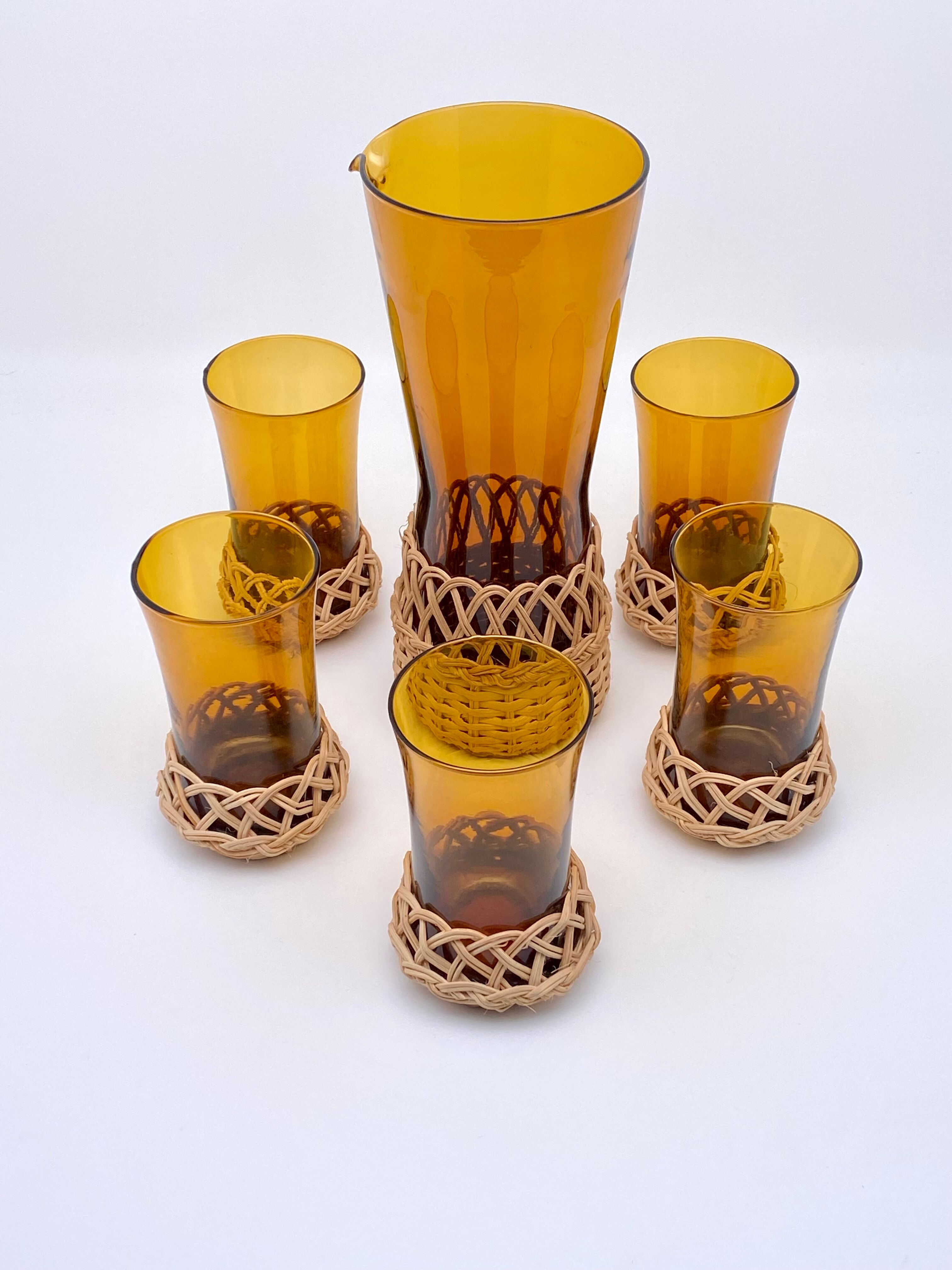 Amber glass and raffia 50's glass and pitcher set