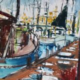 Huile sur toile originale suédoise du milieu du siècle « Marina » de Steu (1971) - Encadrée