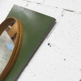 Unusual round wall mirror 60 cm teak edge on green rectangular board 1960.