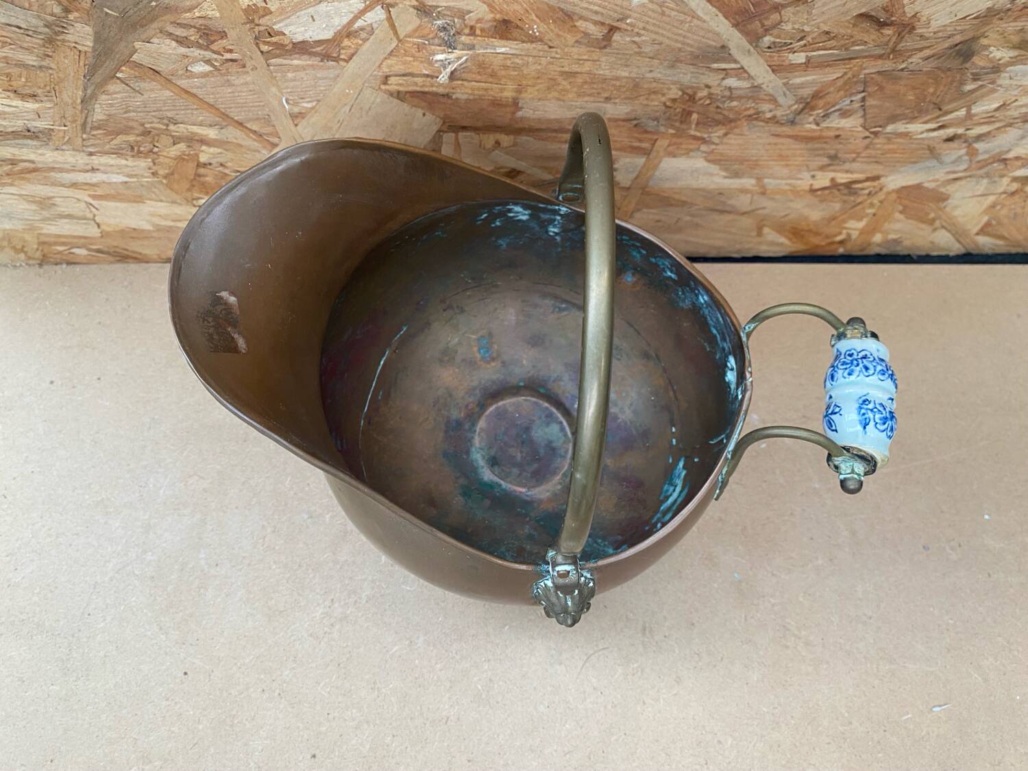 Antique copper & brass ash bucket + porcelain handle