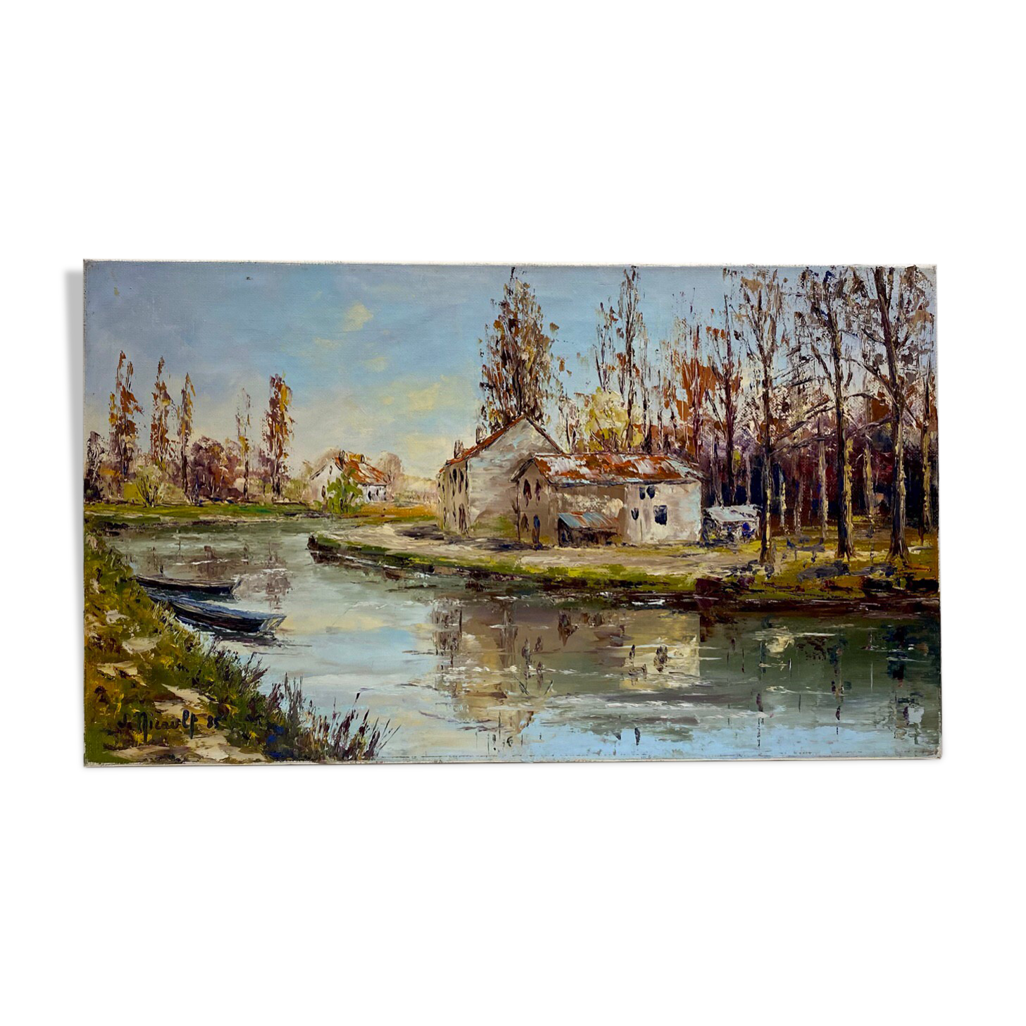 Old painting, landscape with the river signed J Micault dated 1985