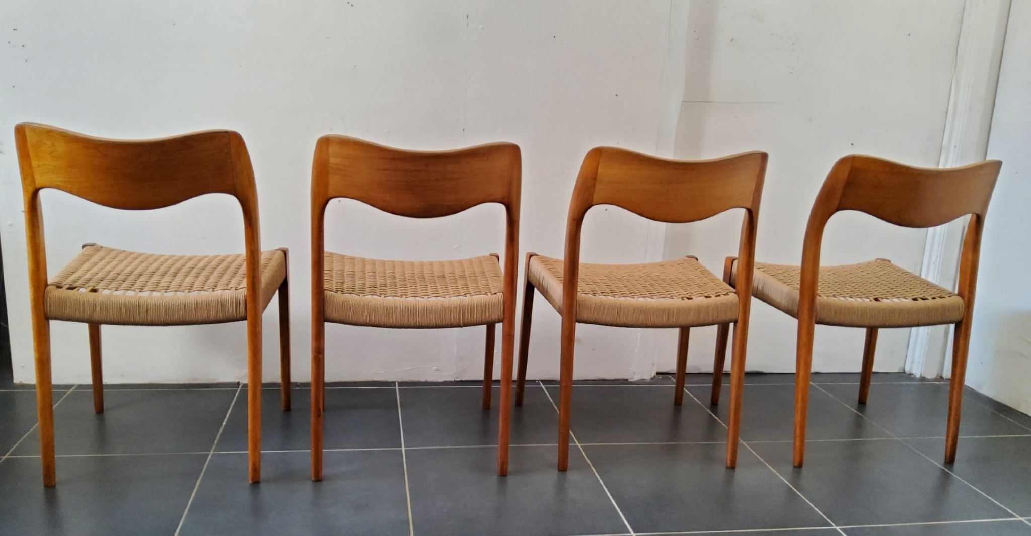4 Scandinavian chairs by Niels Otto Møller, Danish design, 1950s, wood and rope