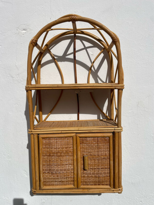Étagère murale vintage en rotin et cannage — esprit bohème années 70