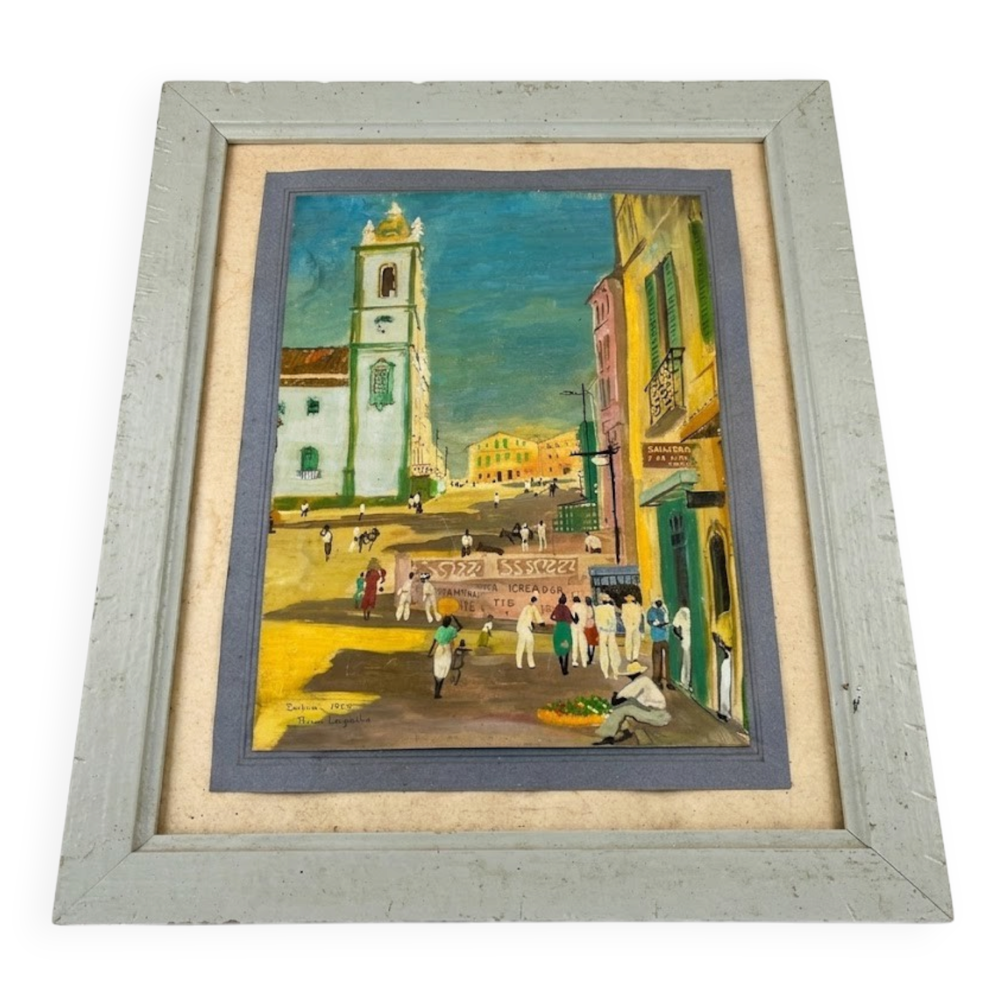Tableau by Pierre Lagache, street scene in Bahia, Brazil, 1955, signed, framed.