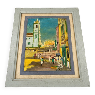 Tableau Pierre Lagache scène de rue Bahia Brésil 1955 signé cadre