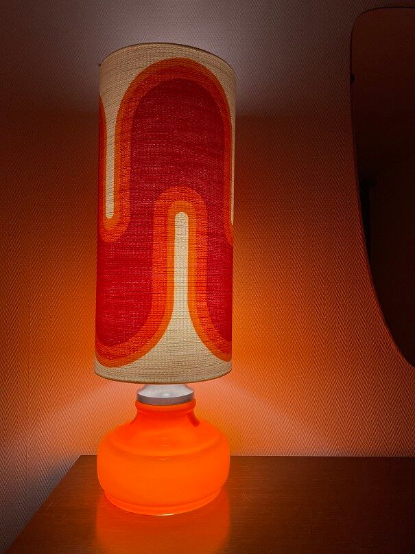 Orange opaline serpentine table lamp and vintage fabric