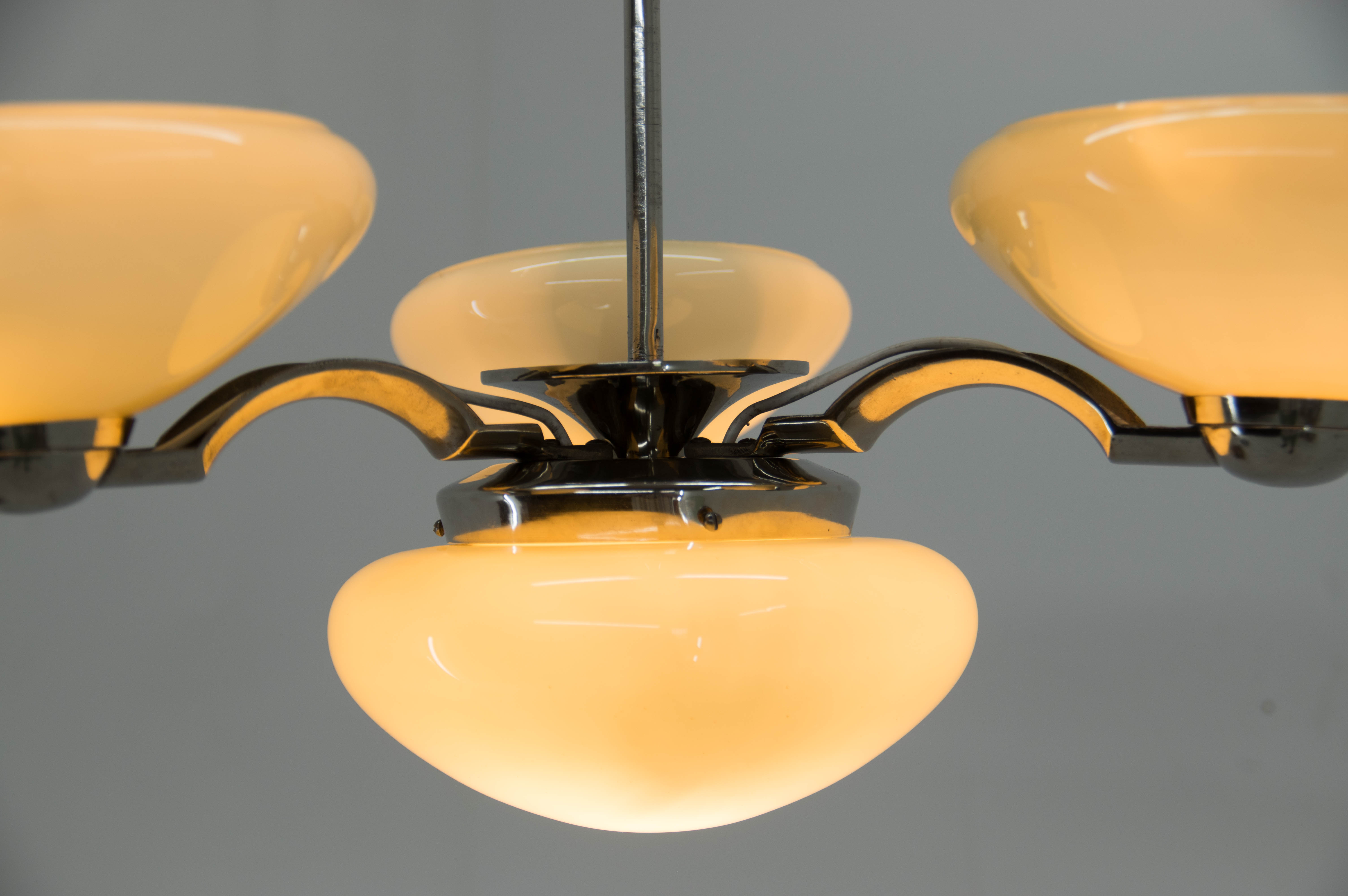 Art deco nickel and glass chandelier, 1930s