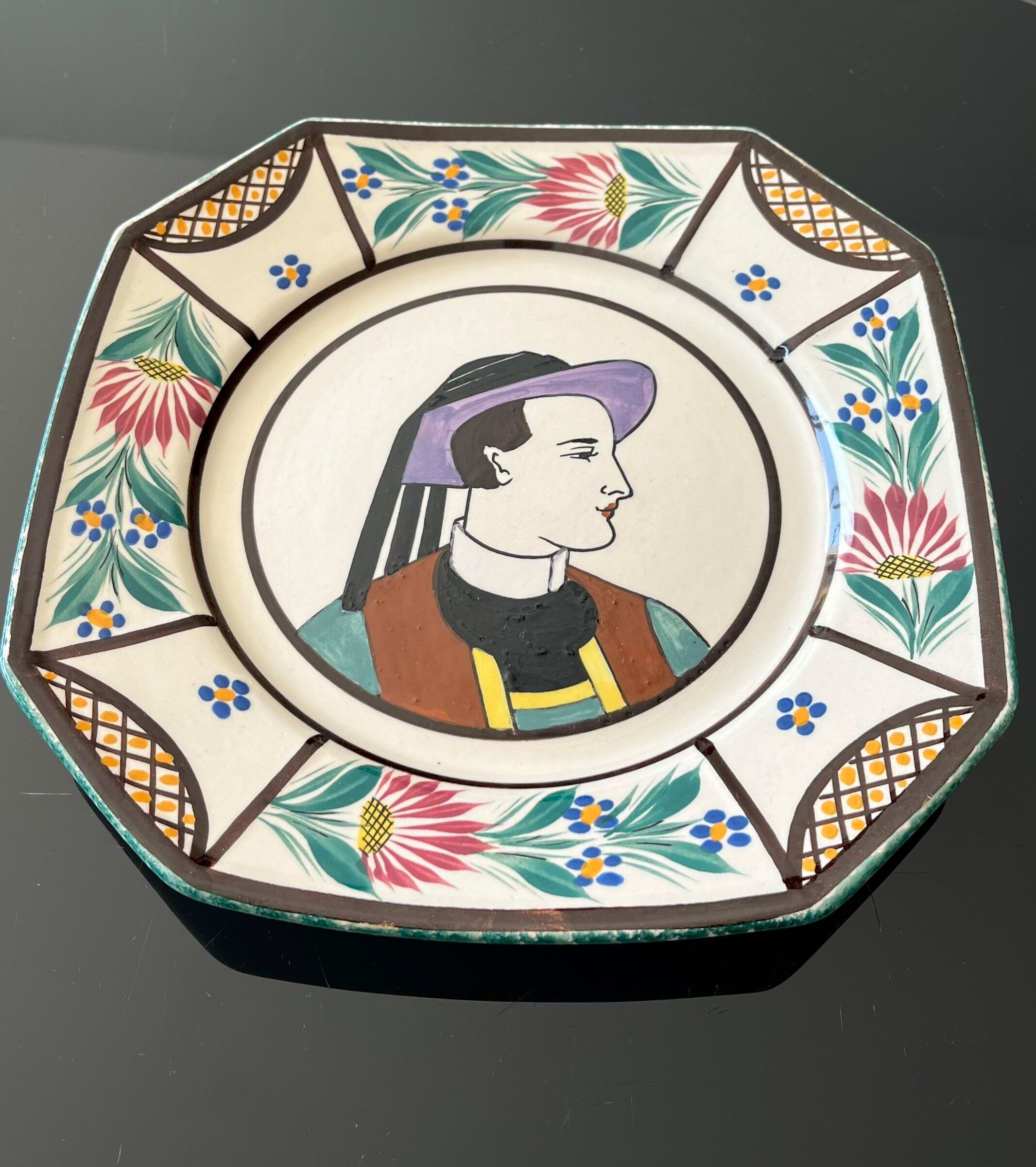 Octagonal plate from Quimper pottery - HB Henriot - Breton character