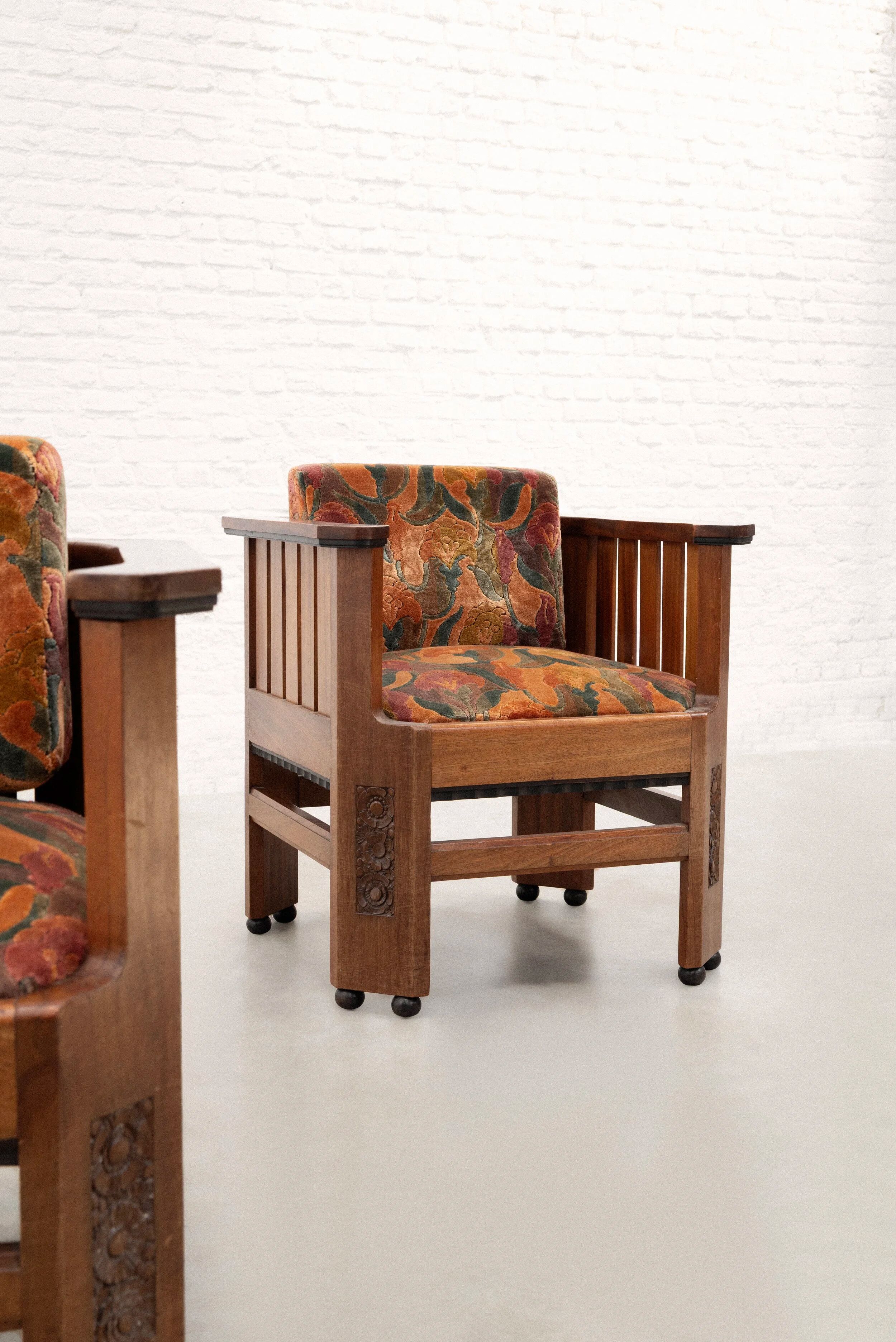 Pair of Amsterdam School walnut armchairs, Netherlands, c. 1930