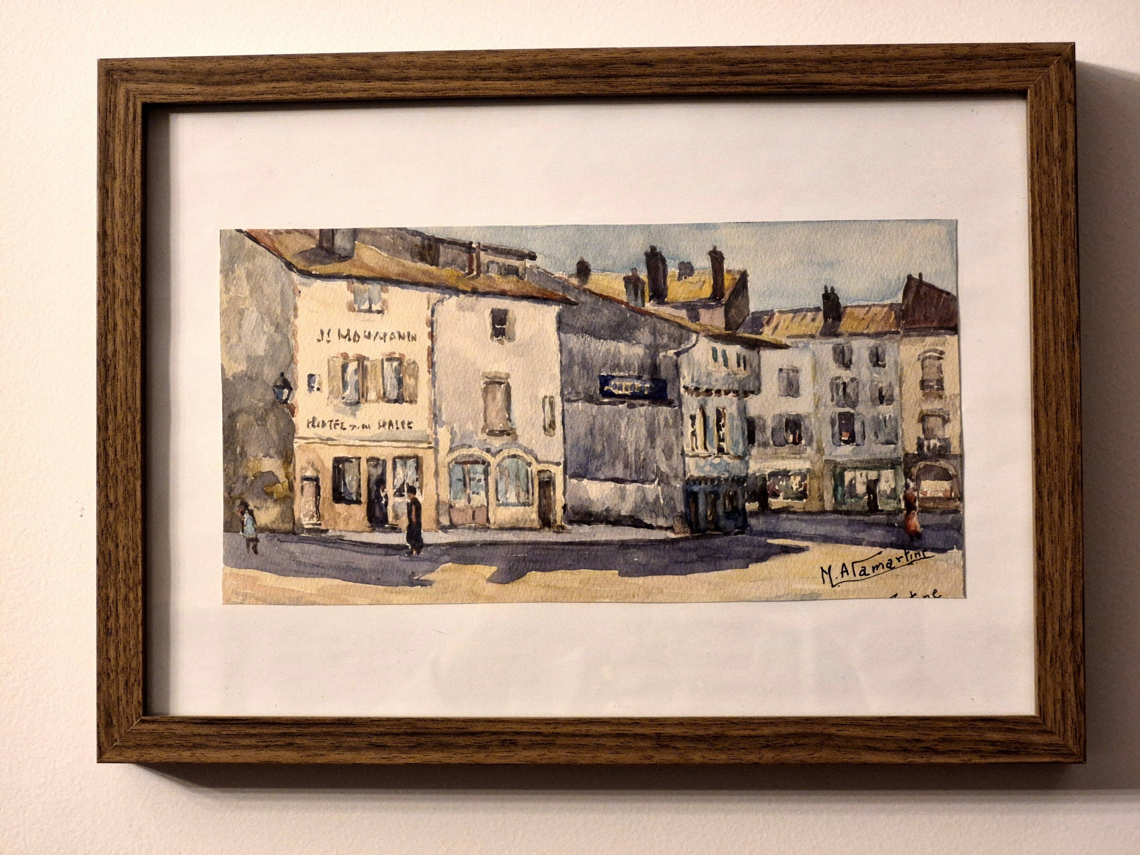 Old watercolour signed marius alamartine "hôtel de la halle" in charlieu