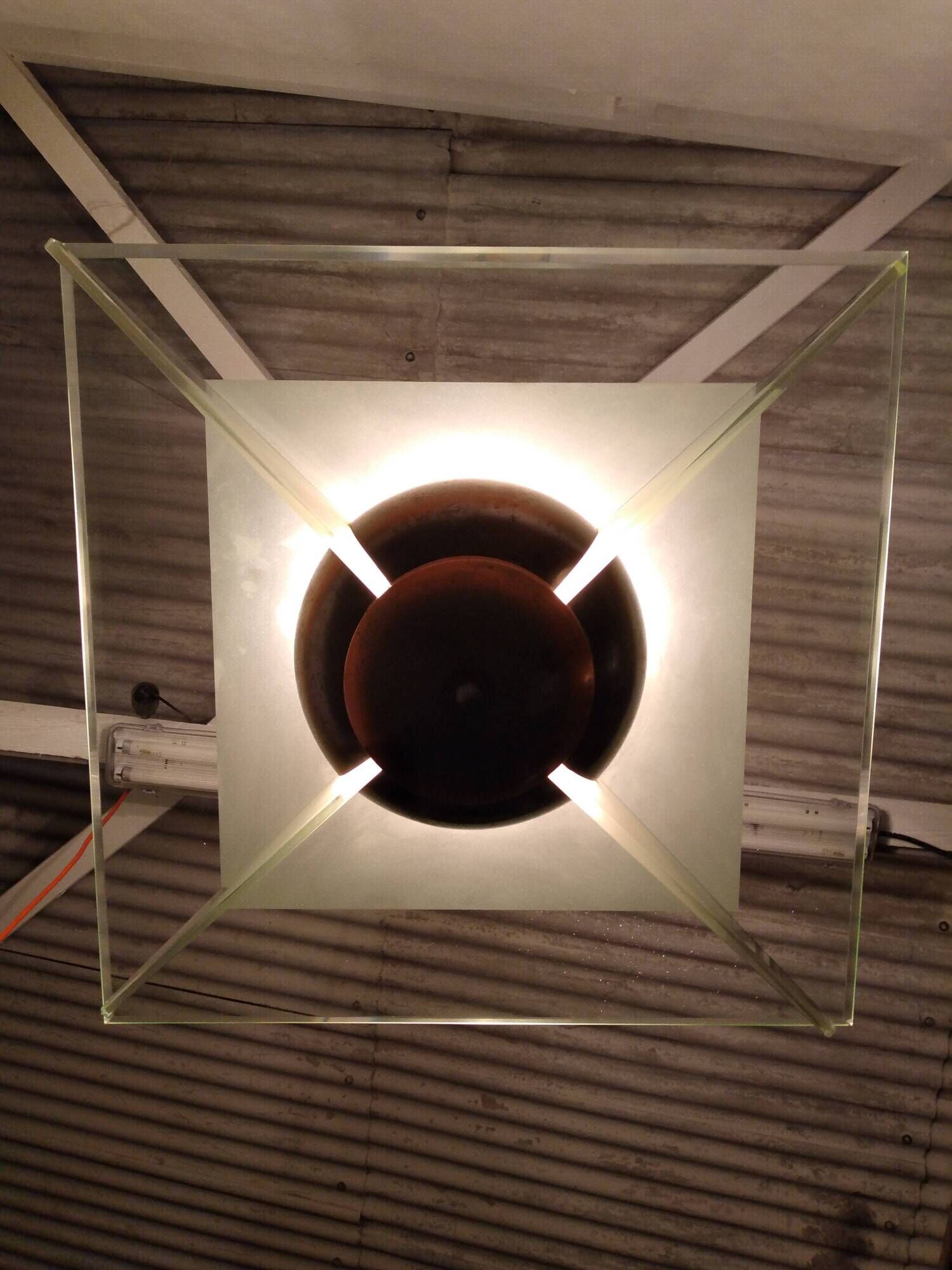 Modernist art deco chandelier/pendant lamp in glass and metal