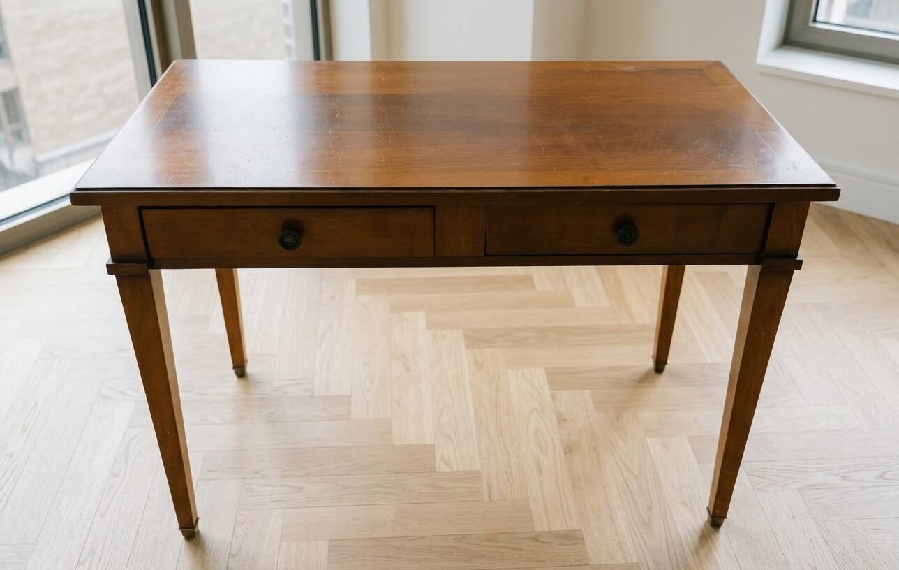 Antique office set: wooden table and matching armchair.