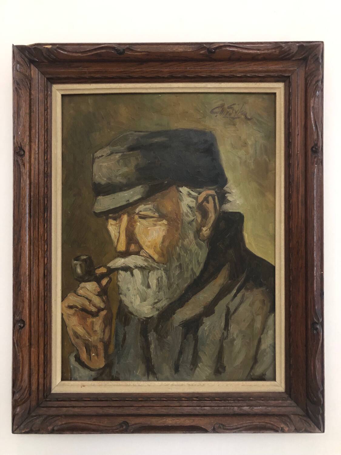 Oil on panel portrait of elderly man with pipe signed