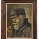 Oil on panel portrait of elderly man with pipe signed