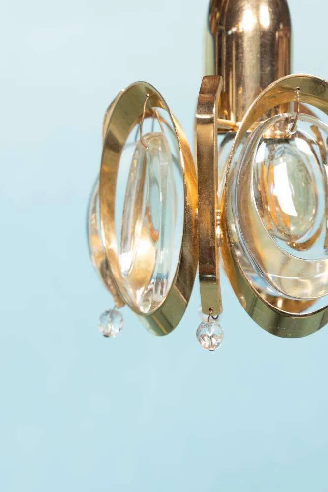 Vintage brass and crystal suspension Palwa, mid-century suspension.