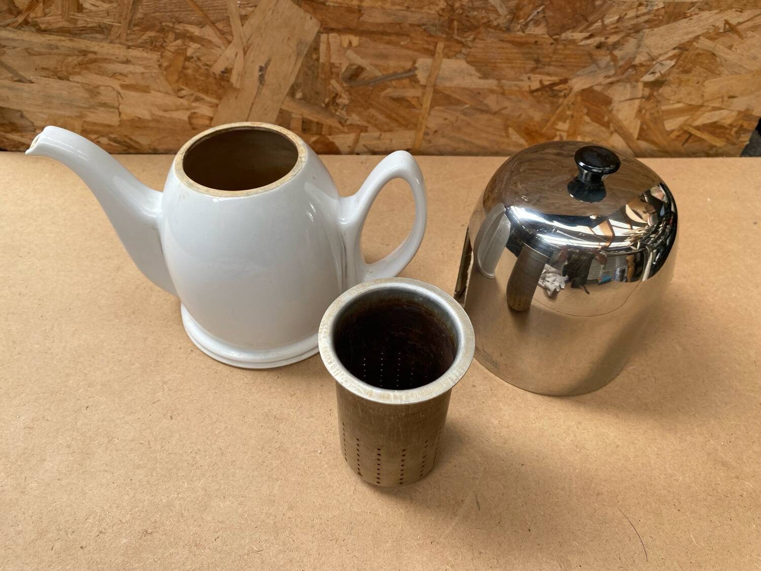 Old teapot salam thé guy degrenne white ceramic + stainless steel vintage