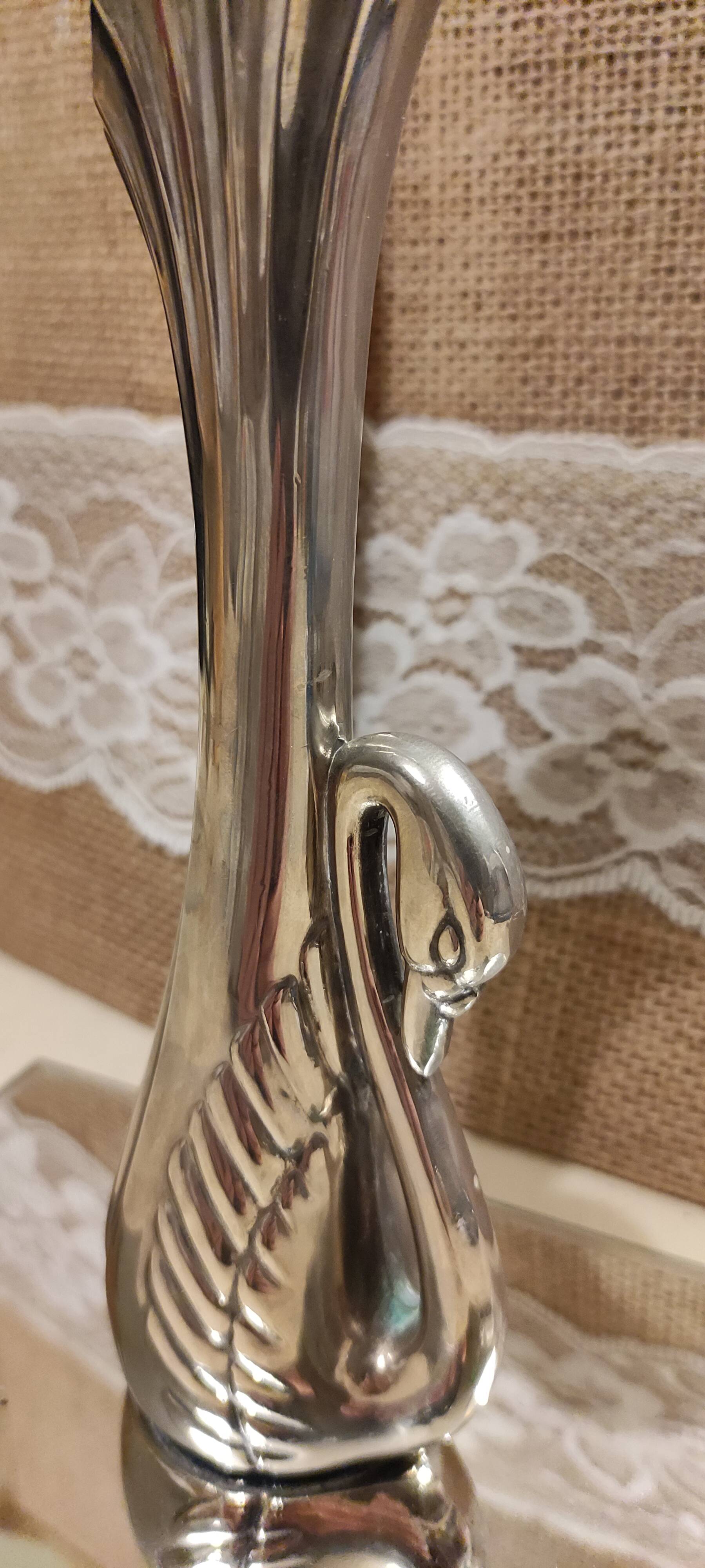Vintage silver metal swan vase