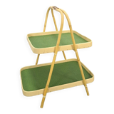 Rattan double tray with green leaf vintage fruit basket