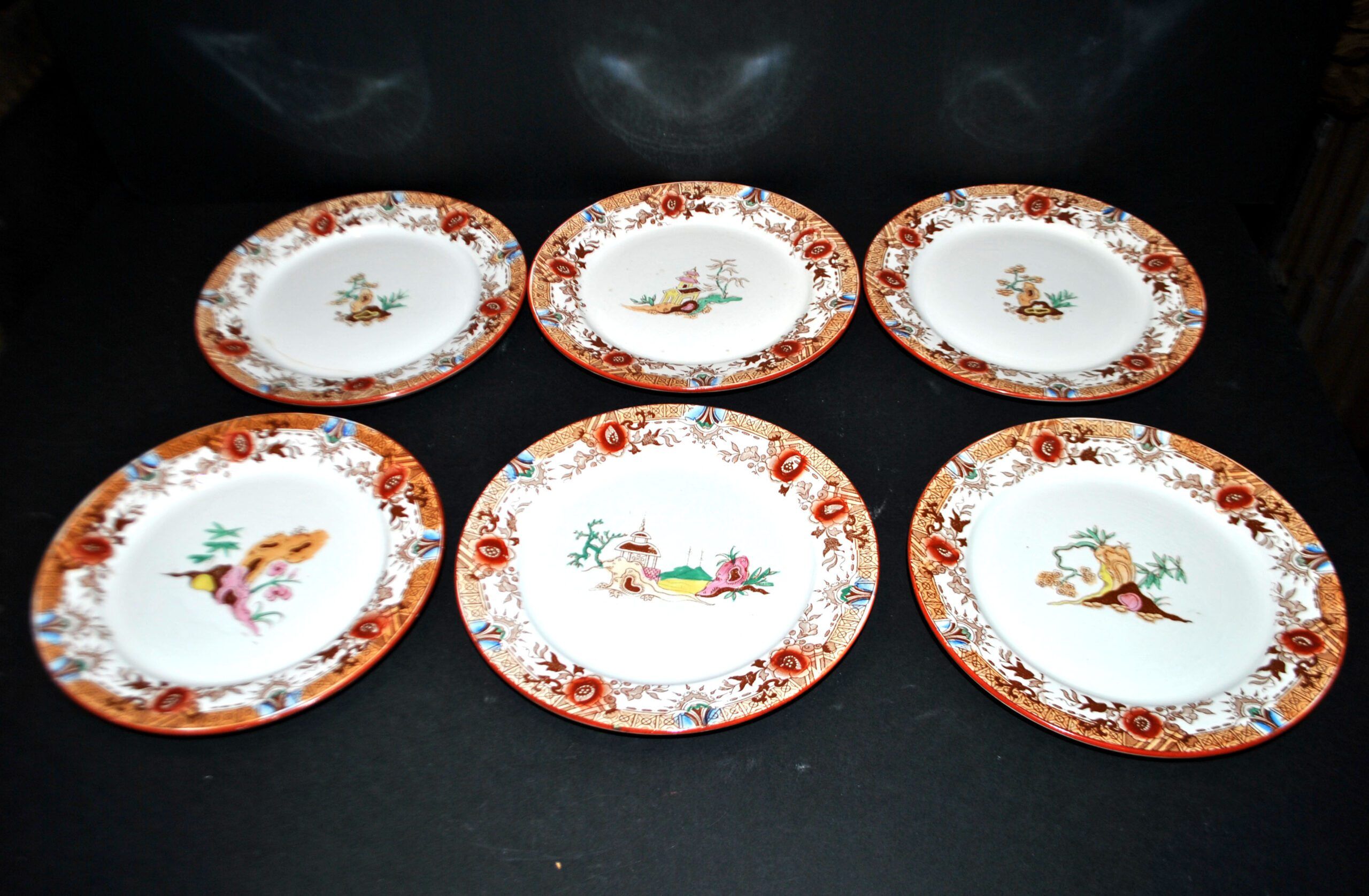 Sarreguemines dessert service 12 plates opaque earthenware bamboo polychrome Asian Chinese decor