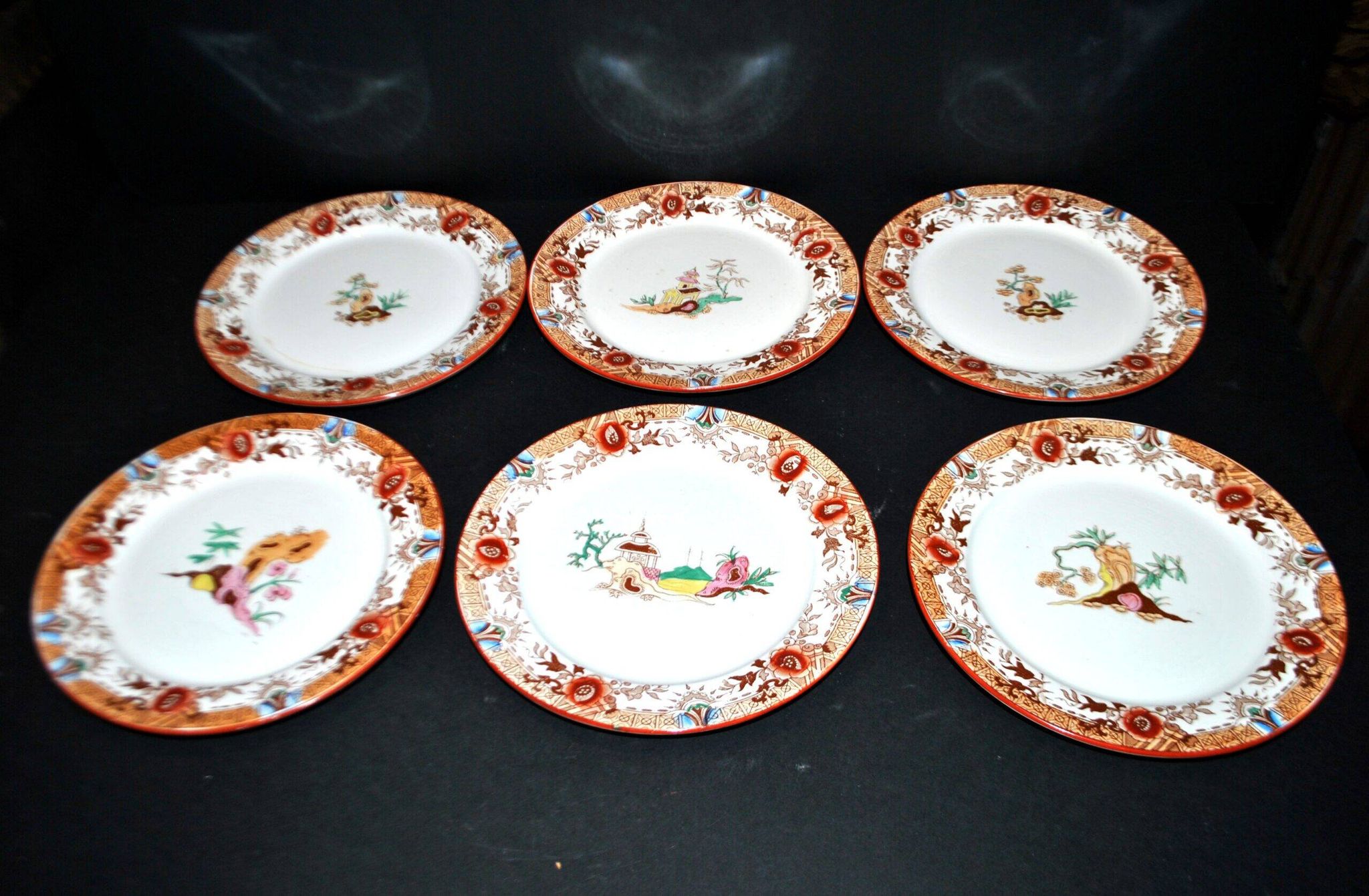 Sarreguemines dessert service 12 plates opaque earthenware bamboo polychrome Asian Chinese decor