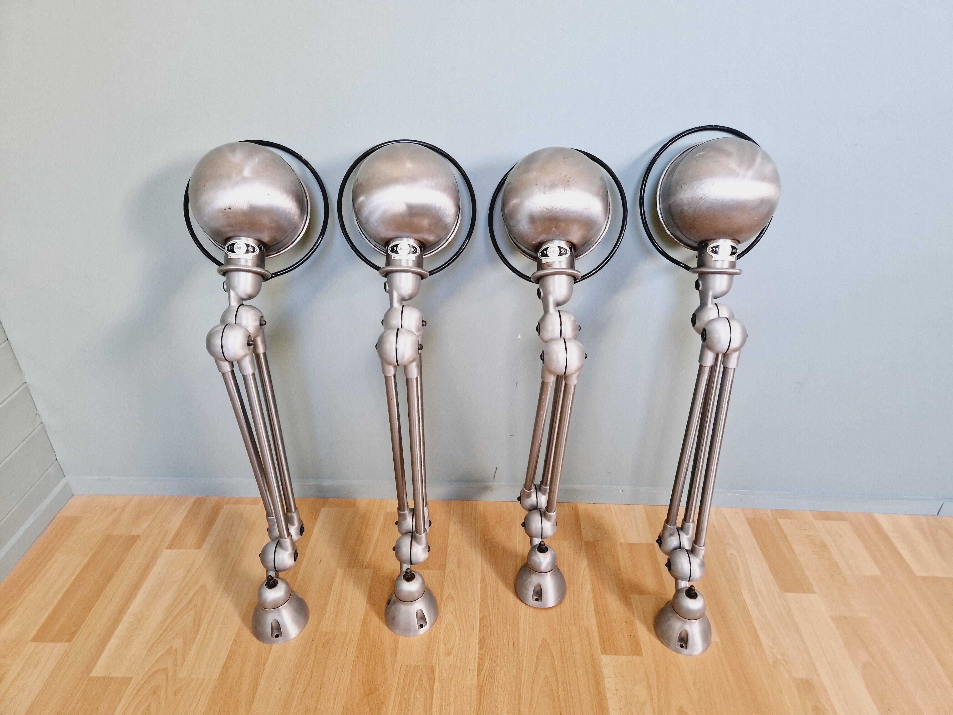 Set of 4 Jieldé industrial lamps in brushed steel, 3 arms